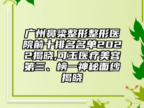 广州鼻梁整形整形医院前十排名名单2022揭晓,可玉医疗美容第三、榜一神秘面纱揭晓