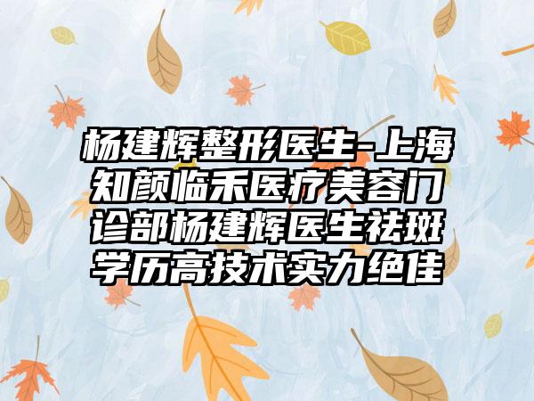 杨建辉整形医生-上海知颜临禾医疗美容门诊部杨建辉医生祛斑学历高技术实力突出